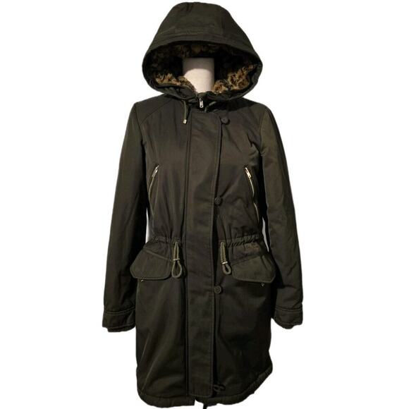 Zara Trafaluc Womens Khaki Parka Jacket/Winter Coat Faux Fur Hooded Lined Sz SM